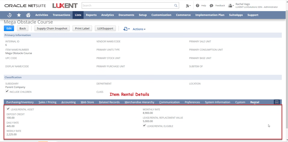 Options and settings for item rentals in NetSuite for businesses