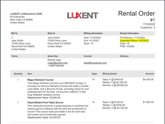 Example of a rental lease invoice