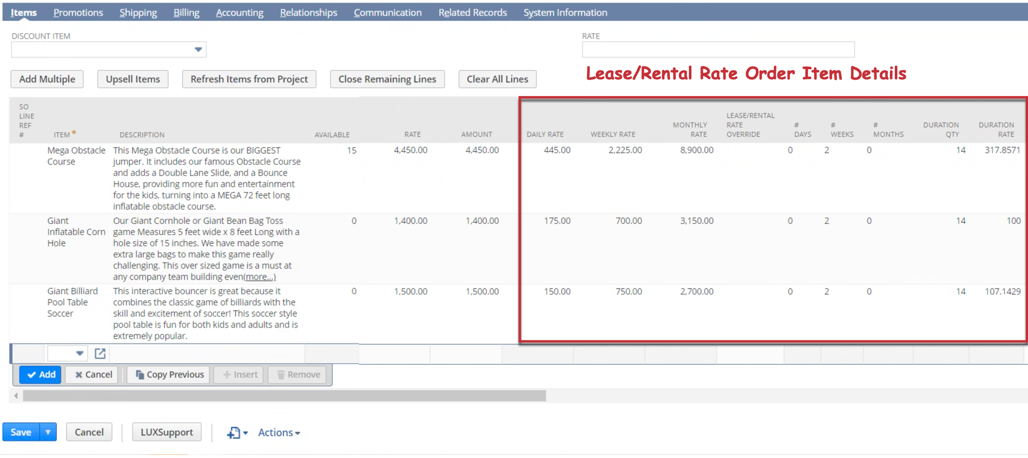 rental rate order item details in NetSuite