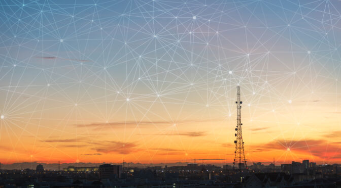 abstract line connection on sun rise sky over city background