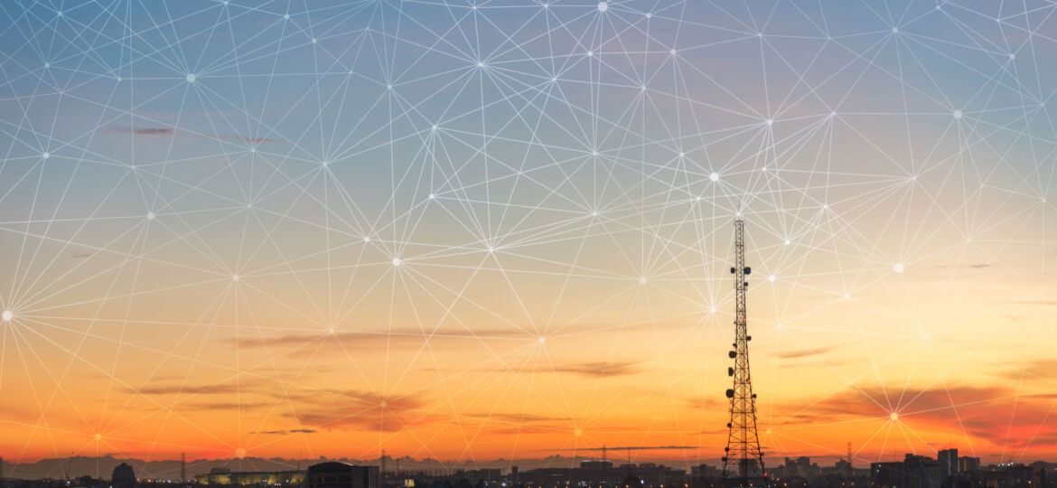 abstract line connection on sun rise sky over city background