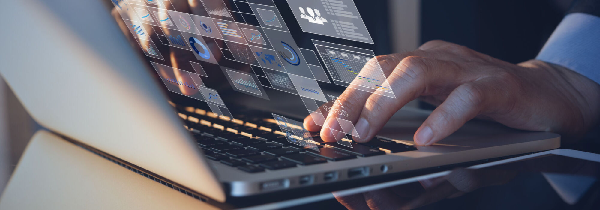 Digital technology, Business intelleigence, Key performance indicator, KPI concept. Businessman working on laptop computer at modern office with computer dashboard on virtual screen